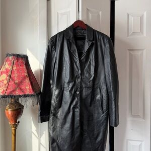 G collection Black Leather Button-Front Trench Coat